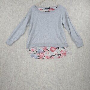 Lauren Ralph Lauren Floral Chiffon Hem Gray Sweater Top Women’s Large Cotton Ble